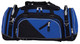 A duffle bag in black and blue with multiple zippered compartments and a logo.