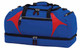 A blue and red duffle bag featuring multiple zippered compartments and a sturdy handle. It has a logo.