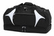 A black duffle bag with white accents and multiple zippered compartments, featuring a logo.