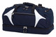 A navy blue duffle bag with white accents, featuring multiple zippers and a branding logo.