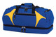 A blue and yellow duffle bag with two zippered compartments and sturdy handles, featuring a logo.