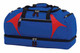 A blue and red duffle bag featuring multiple zippered compartments and handle straps, with a logo present on the surface.