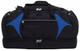 A black duffle bag with blue accents, featuring multiple zippered compartments and sturdy handles.