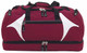 A maroon duffle bag with white accents, featuring multiple zippered compartments and a logo.