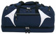 A navy blue duffle bag with white accents and zippers, featuring a logo on the front.