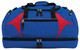 A blue and red duffle bag featuring multiple zippered compartments and a sturdy handle. It also has a logo.
