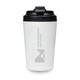 A reusable coffee cup in white with a black lid, featuring a logo on the front.