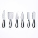A set of six stainless steel cheese knives with polished handles, including various styles for cutting and serving cheese.