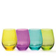 A set of four wine glasses in yellow, purple, turquoise, and green, featuring a smooth, curved design.