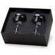 A glass set in a black box containing two stemmed glasses, showcasing a clear design with a sleek finish.