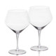 A glass set featuring two clear, stemmed wine glasses with a wide bowl design.