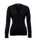 A black Merino cardigan for women featuring a V-neck and button closure, with long sleeves and ribbed hem.