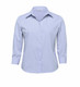A women's button-up shirt in light blue with a striped pattern and three-quarter sleeves. It features a logo.