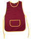 A maroon ladies' smock with yellow trim and a front pocket, featuring ties at the sides. A maroon ladies' smock with yellow trim and a front pocket, featuring ties at the sides.