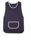 A navy blue ladies' smock with white trim and a front pocket, featuring ties on the sides. A navy blue ladies' smock with white trim and a front pocket, featuring ties on the sides.