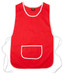 A red ladies' smock apron with white trim and a front pocket, featuring ties on the sides and a logo. A red ladies' smock apron with white trim and a front pocket, featuring ties on the sides and a logo.