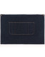 A denim half apron in dark blue, featuring a front pocket and two brass buttons. A denim half apron in dark blue, featuring a front pocket and two brass buttons.