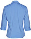 A back view of a blue women's Teflon executive 3/4 sleeve button-up shirt with a collar and rolled sleeves.