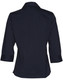 A navy women's button-up shirt with 3/4 sleeves and a collared neckline, featuring a logo.