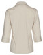 A beige women's button-up shirt with three-quarter sleeves, featuring a back view and a logo at the collar.