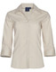 A beige women's button-up shirt with 3/4 sleeves and a collar, featuring a logo on the tag. A beige women's button-up shirt with 3/4 sleeves and a collar, featuring a logo on the tag.