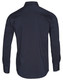 A navy blue long sleeve shirt with a button-up design and a logo on the back.