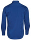 A blue men's long sleeve button-up shirt featuring a back view and a logo on the back collar.