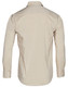 A beige long sleeve button-up shirt with a classic collar and cuffs, featuring a logo on the back.