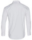 A white long sleeve button-up shirt with a smooth finish and a collar, featuring a logo.