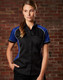 A women's button-up shirt featuring a black base with blue contrast panels and white piping, displaying a logo.