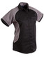 A women's button-up shirt in black and grey with contrast detailing, featuring short sleeves and a subtle logo.