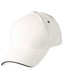A white cap with a curved brim and a detailing stripe, featuring a logo on the side.