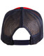 A trucker cap featuring a red front and navy mesh back, with an adjustable snap closure. A trucker cap featuring a red front and navy mesh back, with an adjustable snap closure.