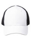 A Premium Cotton Twill Trucker Cap in white with black mesh sides and a logo on the front.