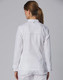 A white ladies' chef jacket with a fitted design, viewed from the back, featuring a small logo on the shoulder.