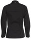 A black ladies' functional chef jacket featuring long sleeves and a button neck closure, with a back pocket and branding.