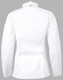 A white chef jacket featuring long sleeves and a button closure at the neck. Includes a branding logo on the sleeve.