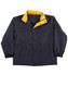A black and yellow varsity jacket featuring a contrast collar and snap closures. It has two front pockets and elasticized cuffs.