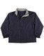 A navy and grey varsity jacket featuring a collared neckline and snap button closure. It has side pockets and an inner lining. A navy and grey varsity jacket featuring a collared neckline and snap button closure. It has side pockets and an inner lining.