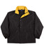 A black kids' contrast jacket with a yellow collar and elasticated cuffs, featuring a logo. A black kids' contrast jacket with a yellow collar and elasticated cuffs, featuring a logo.