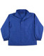 A blue kids' contrast jacket with a collared neckline, front snaps, and side pockets, featuring a logo. A blue kids' contrast jacket with a collared neckline, front snaps, and side pockets, featuring a logo.