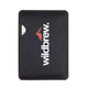 A black cardholder featuring a textured finish and a logo. Ideal for holding cards securely.