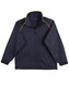 A navy track jacket featuring yellow accent stitching and a zippered front, with a logo on the chest area.