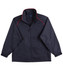 A track jacket in dark navy with red accents, featuring a zip front and a high collar. It has a logo on it.