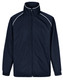 A navy track jacket featuring a high collar, zip front, and contrast piping. It has side pockets and a branded logo.