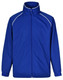A blue track jacket with white accents and a high collar. It features a zip front and has a logo. A blue track jacket with white accents and a high collar. It features a zip front and has a logo.