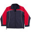 A reversible jacket in navy with red accents and white piping, featuring a zippered front and a collar. A reversible jacket in navy with red accents and white piping, featuring a zippered front and a collar.