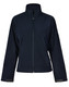 A navy softshell jacket with a high collar and zip closure, featuring side pockets and a logo on the sleeve.