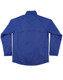 A blue men's jacket featuring long sleeves and a high collar, with a logo on the back.