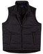 A black nylon rip-stop padded vest featuring a zip front and two front pockets. It has a branding label inside.